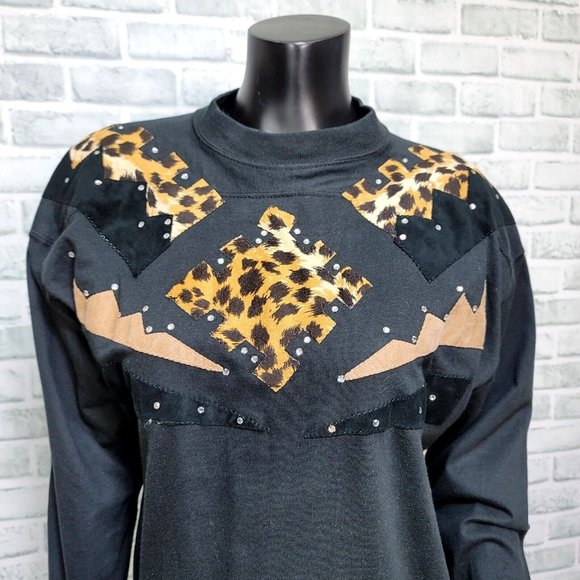 Vintage 80s Womens M Black Dolman Sleeve Side Slit Tunic Tee Animal Applique - Picture 2 of 8
